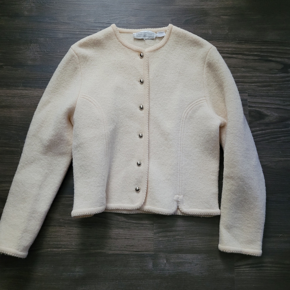 Vintage Anderson Little Cream Button-Up Sweater Jacket Size 9/10 Wool Knit Butto